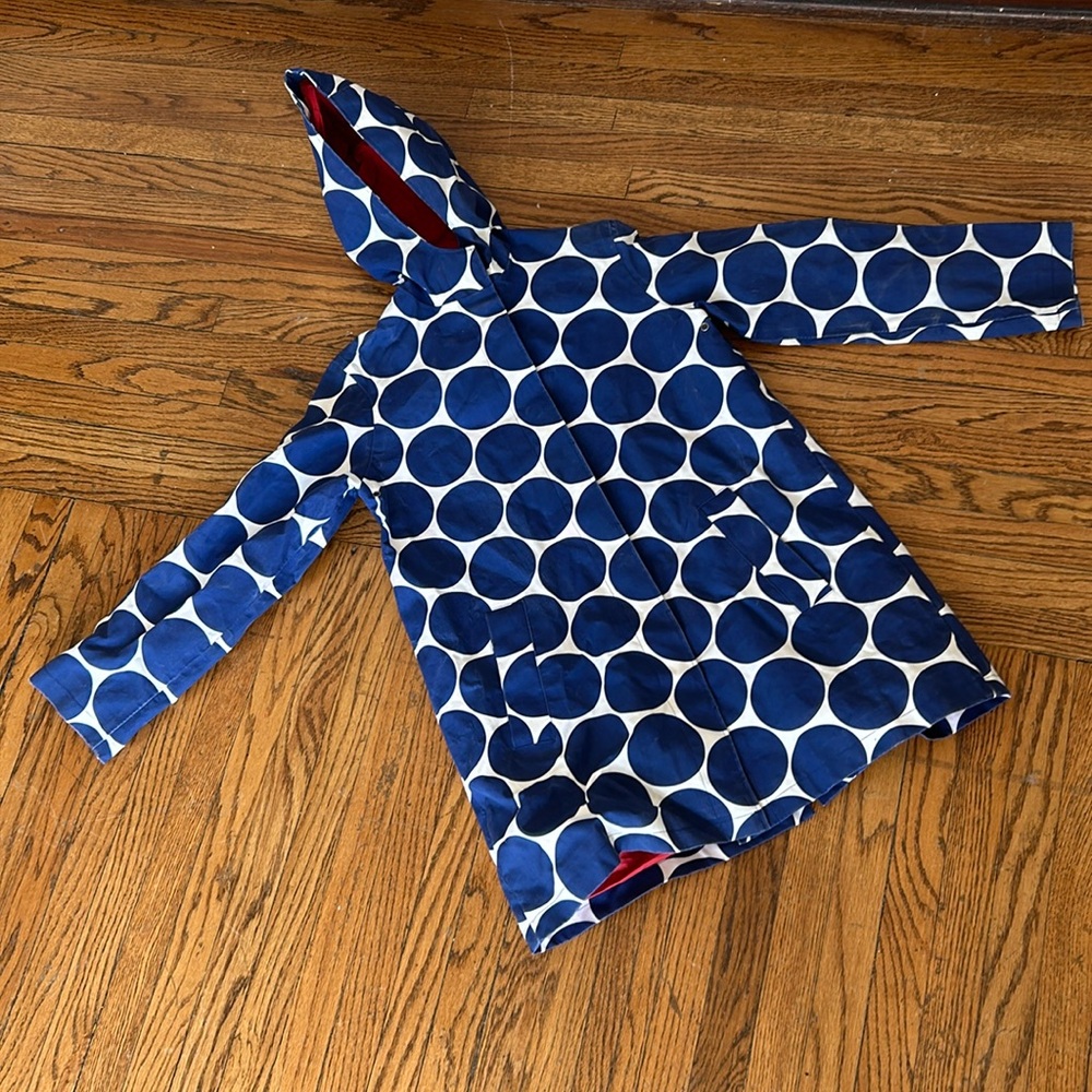 Boden rain coat rain jacket, large blue and white polka dots, women’s size 10